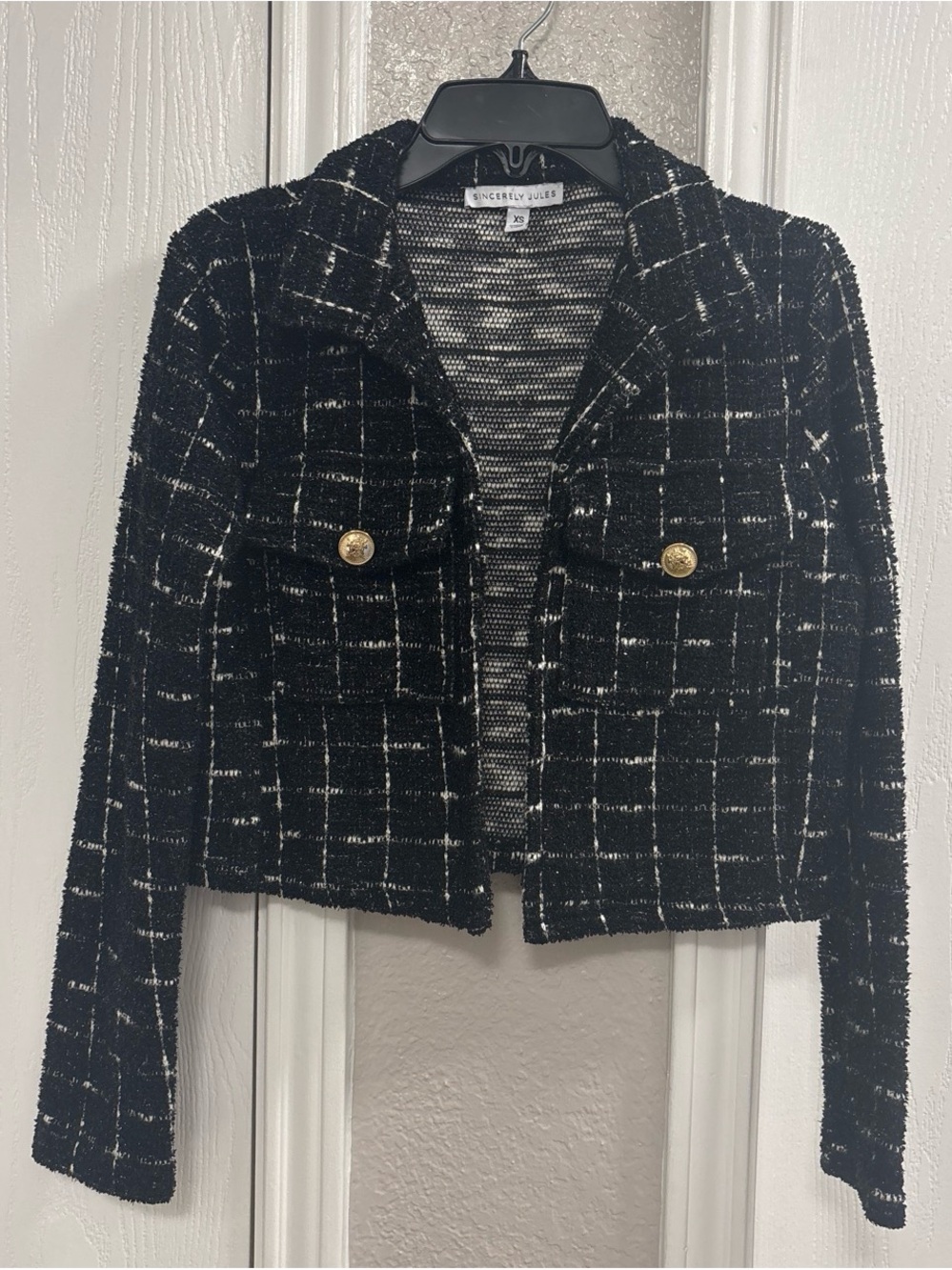 Sincerly Jules Black & White Tweed Cropped Blazer with Gold Buttons